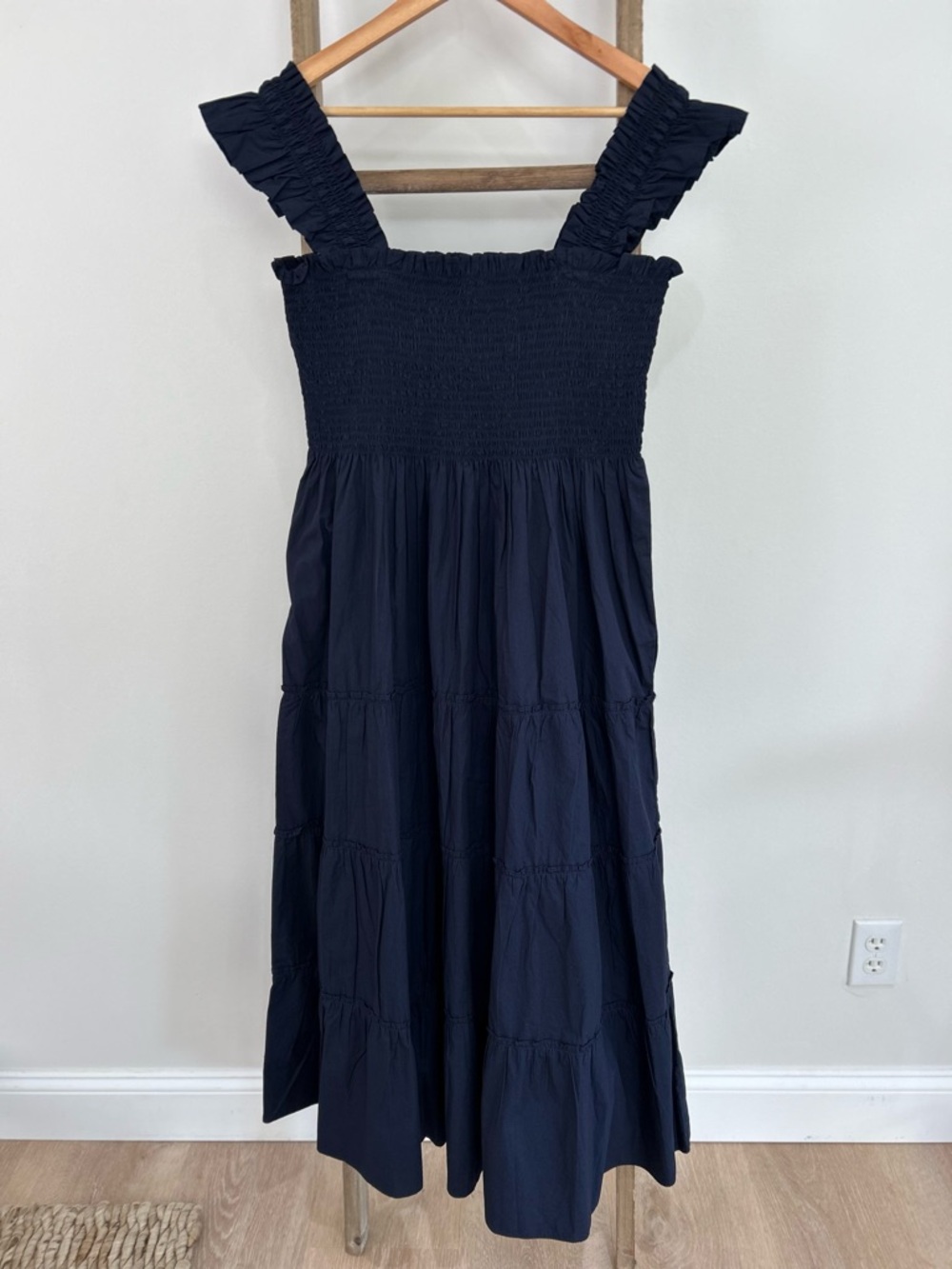 Quince Blue Organic Cotton Smocked Midi Dress Tiered Ruffle Boho Size XL NWT - Picture 2 of 9